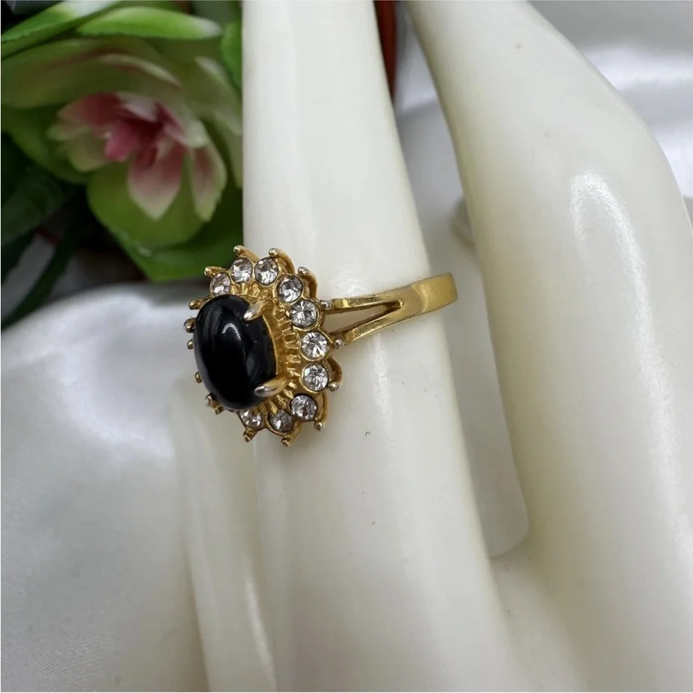 18K Gold Ring with Black Center Stone and Clear Accent Stones